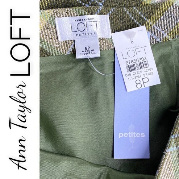 NWT ANN TAYLOR LOFT Green Plaid Wool Blend Ruffle Pencil Skirt, Size 8P - Picture 3 of 5